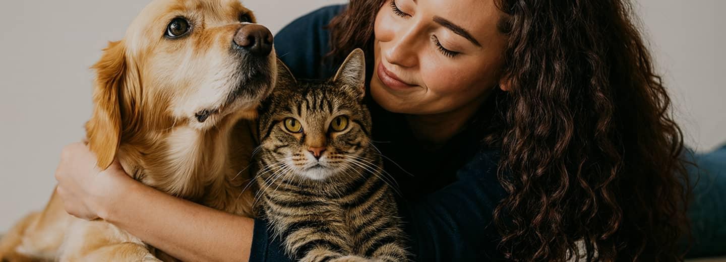 A woman hugging a golden retriever and a tabby cat